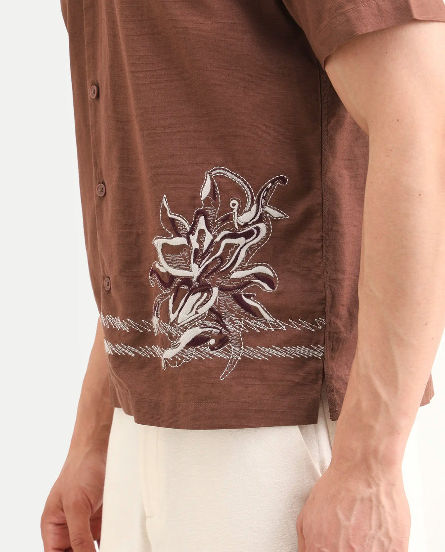 Rare Rabbit Men's Plem Brown Cotton Blend Fabric Half Sleeve Cuban Collar Relaxed Fit Embroidered Shirt