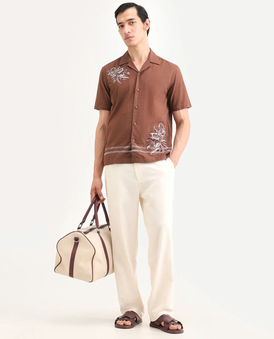 Rare Rabbit Men's Plem Brown Cotton Blend Fabric Half Sleeve Cuban Collar Relaxed Fit Embroidered Shirt