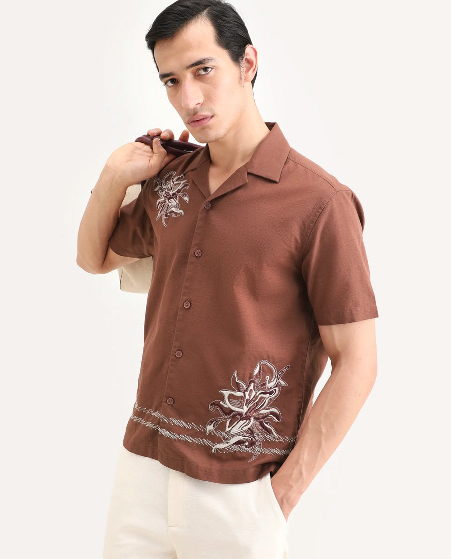 Rare Rabbit Men's Plem Brown Cotton Blend Fabric Half Sleeve Cuban Collar Relaxed Fit Embroidered Shirt