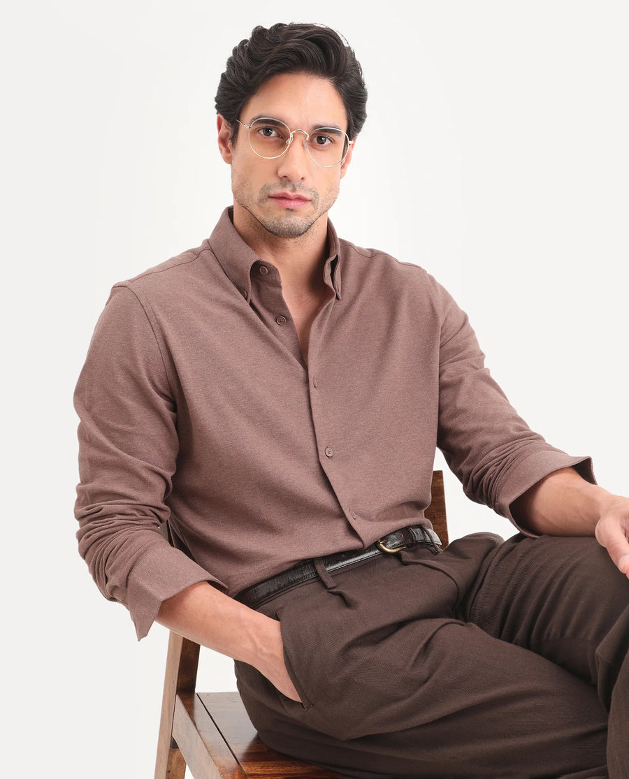 Rare Rabbit Men's Isla Brown Cotton Fabric Full Sleeve Button-Down Collar Regular Fit Plain Shirt