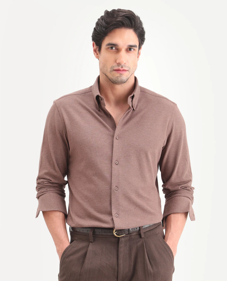 Rare Rabbit Men's Isla Brown Cotton Fabric Full Sleeve Button-Down Collar Regular Fit Plain Shirt