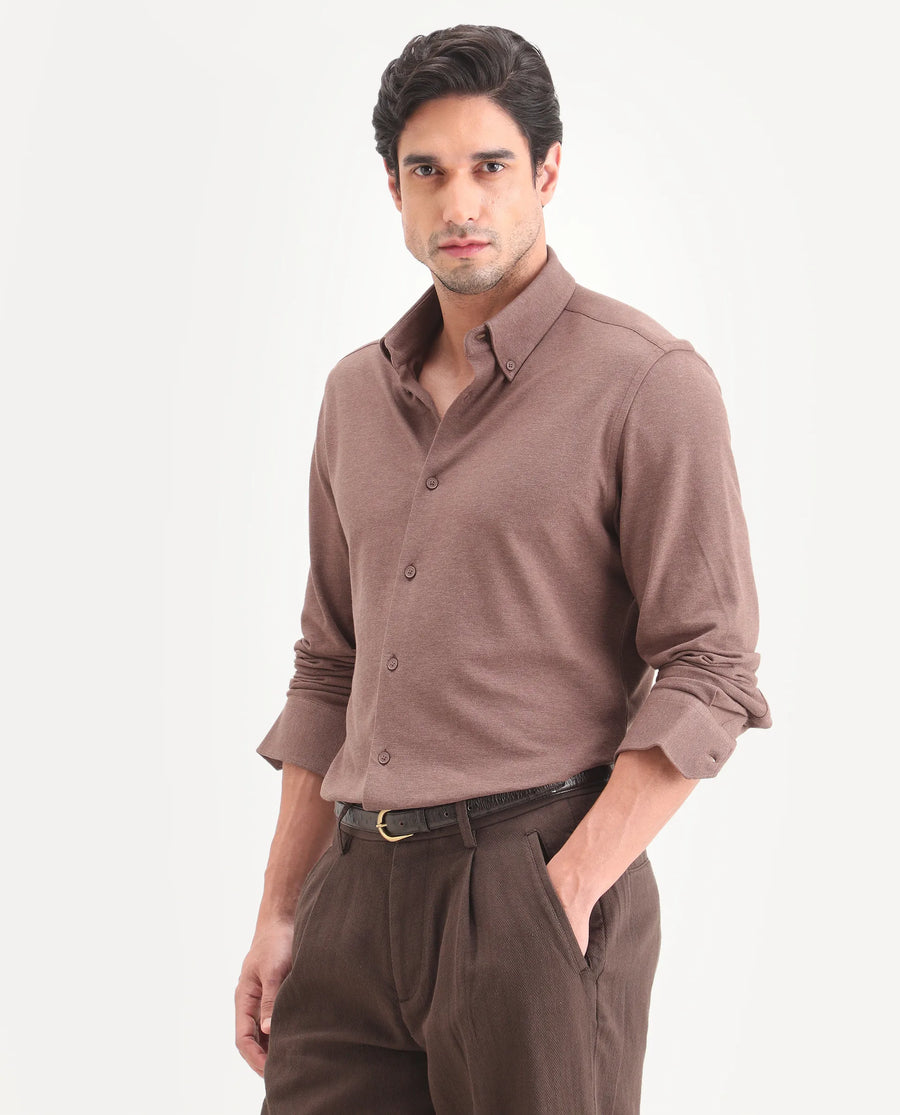 Rare Rabbit Men's Isla Brown Cotton Fabric Full Sleeve Button-Down Collar Regular Fit Plain Shirt