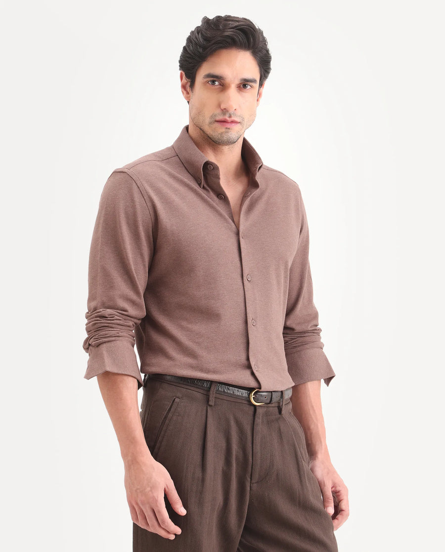 Rare Rabbit Men's Isla Brown Cotton Fabric Full Sleeve Button-Down Collar Regular Fit Plain Shirt