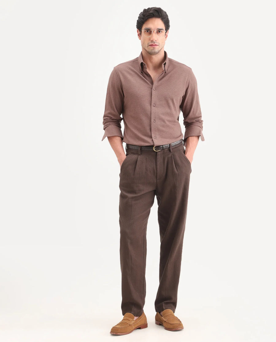 Rare Rabbit Men's Isla Brown Cotton Fabric Full Sleeve Button-Down Collar Regular Fit Plain Shirt