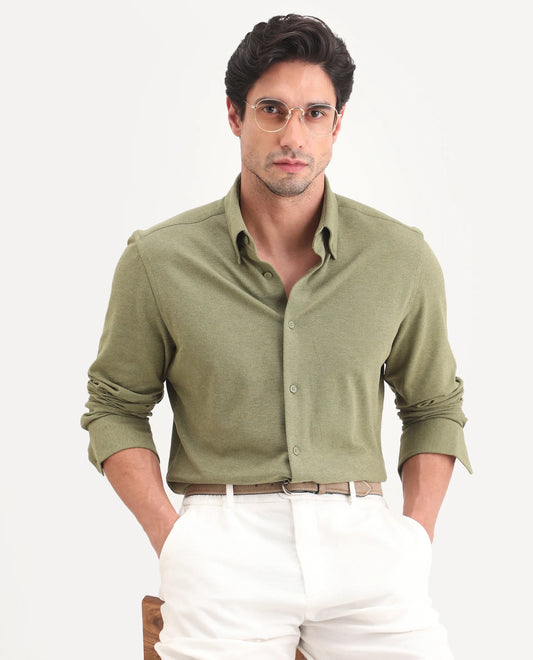 Rare Rabbit Men's Isla Green Cotton Fabric Full Sleeve Button-Down Collar Regular Fit Plain Shirt