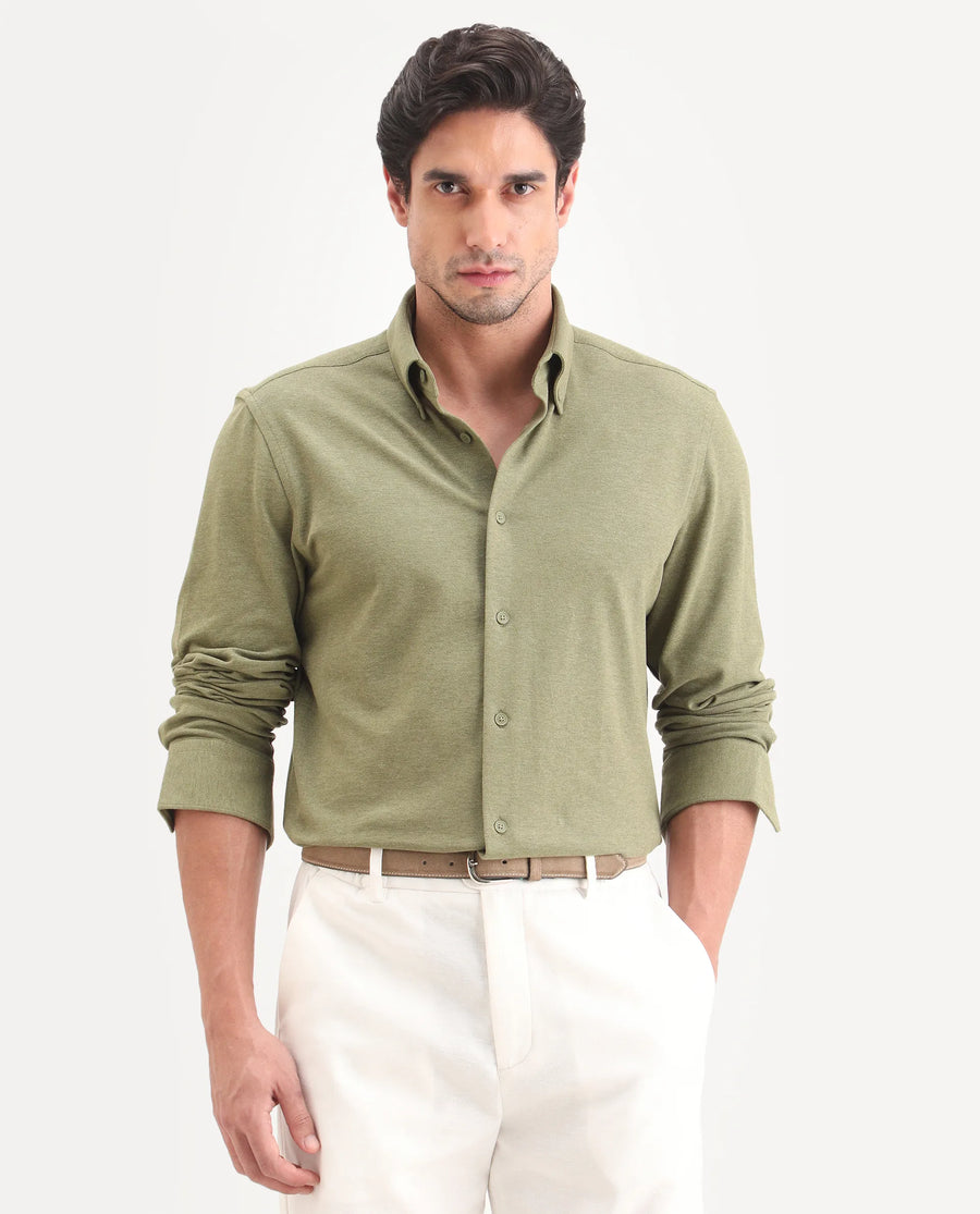 Rare Rabbit Men's Isla Green Cotton Fabric Full Sleeve Button-Down Collar Regular Fit Plain Shirt