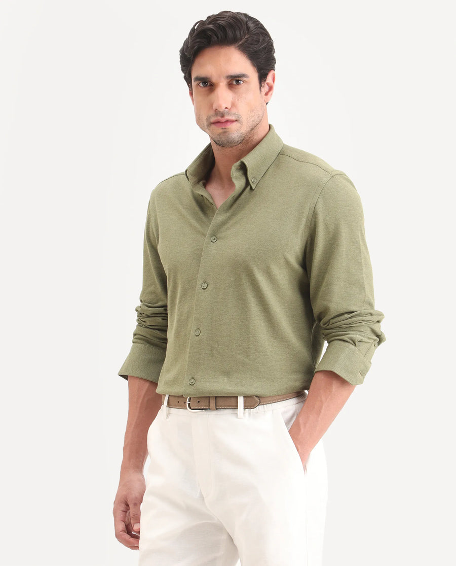 Rare Rabbit Men's Isla Green Cotton Fabric Full Sleeve Button-Down Collar Regular Fit Plain Shirt
