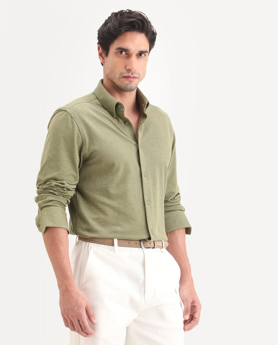 Rare Rabbit Men's Isla Green Cotton Fabric Full Sleeve Button-Down Collar Regular Fit Plain Shirt