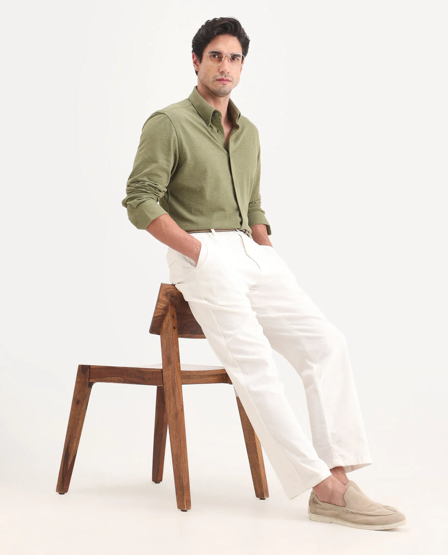 Rare Rabbit Men's Isla Green Cotton Fabric Full Sleeve Button-Down Collar Regular Fit Plain Shirt