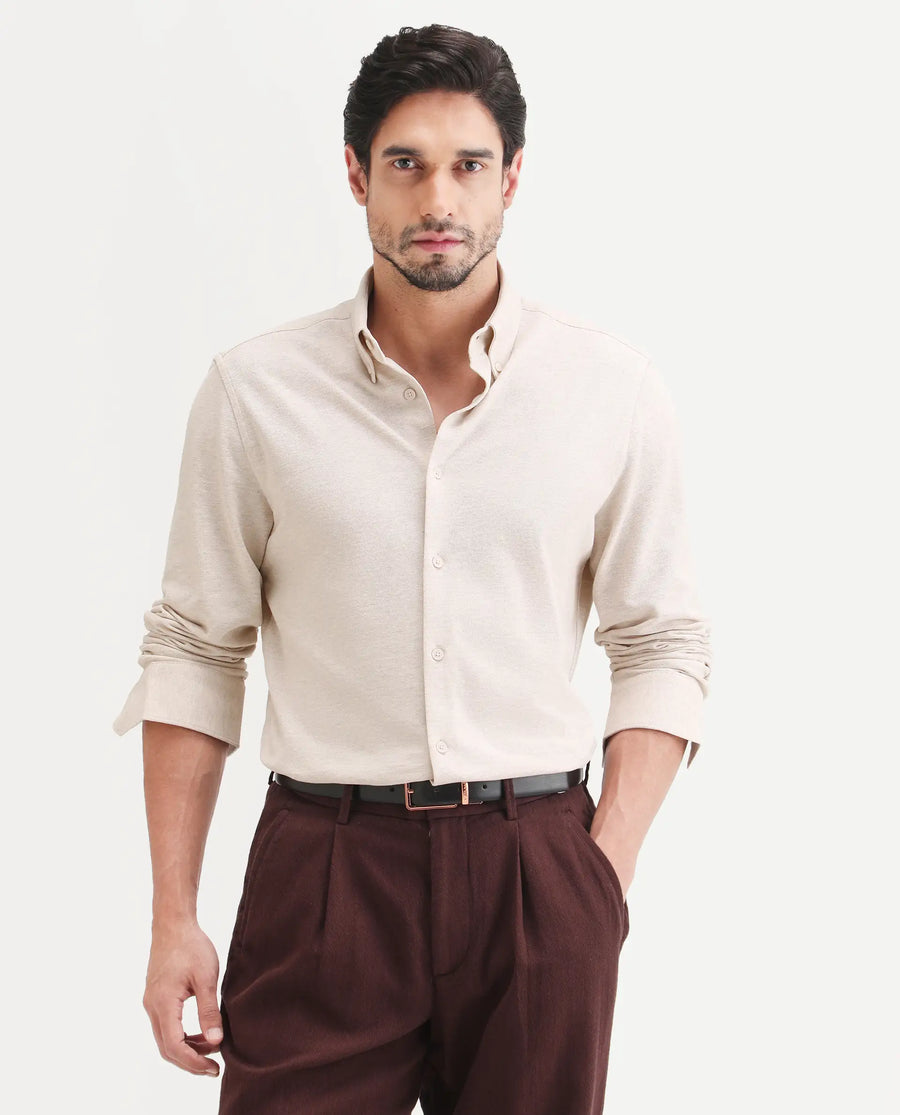 Rare Rabbit Men's Isla Beige Cotton Fabric Full Sleeve Button-Down Collar Regular Fit Plain Shirt