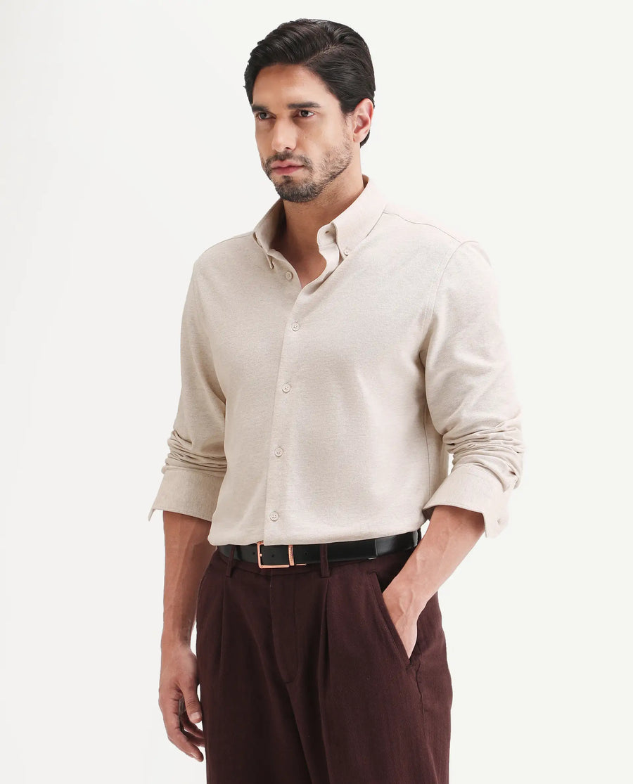 Rare Rabbit Men's Isla Beige Cotton Fabric Full Sleeve Button-Down Collar Regular Fit Plain Shirt