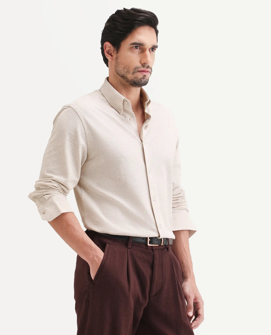 Rare Rabbit Men's Isla Beige Cotton Fabric Full Sleeve Button-Down Collar Regular Fit Plain Shirt