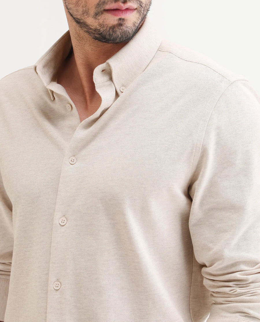 Rare Rabbit Men's Isla Beige Cotton Fabric Full Sleeve Button-Down Collar Regular Fit Plain Shirt