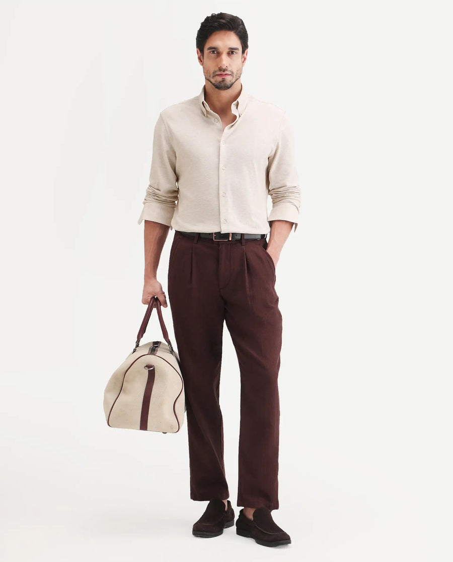 Rare Rabbit Men's Isla Beige Cotton Fabric Full Sleeve Button-Down Collar Regular Fit Plain Shirt