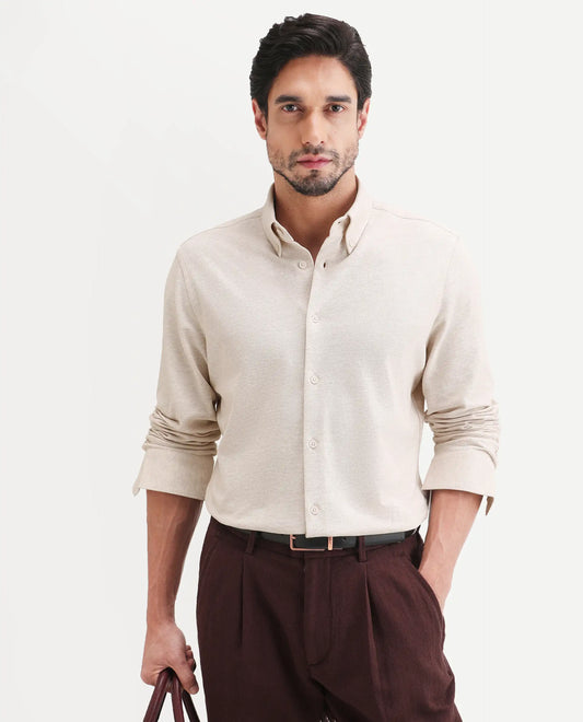 Rare Rabbit Men's Isla Beige Cotton Fabric Full Sleeve Button-Down Collar Regular Fit Plain Shirt