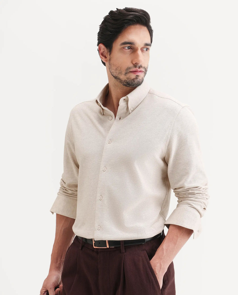 Rare Rabbit Men's Isla Beige Cotton Fabric Full Sleeve Button-Down Collar Regular Fit Plain Shirt