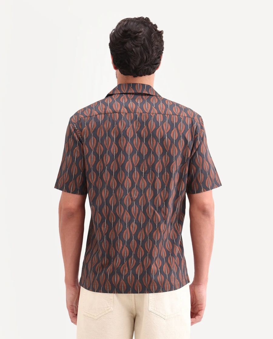 Rare Rabbit Men's Zuly Black Cotton Fabric Half Sleeve Spread Collar Regular Fit Tropical Print Shirt