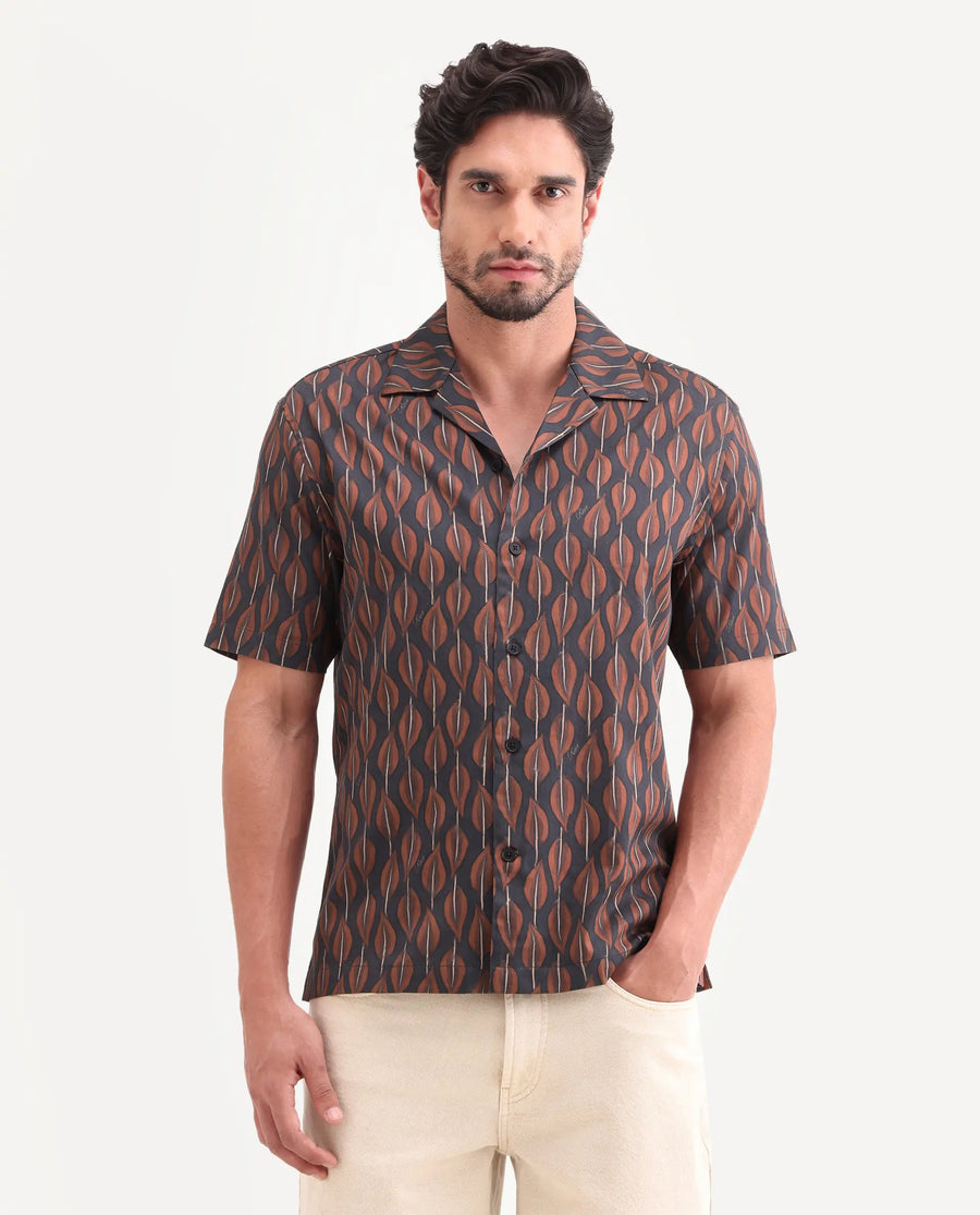 Rare Rabbit Men's Zuly Black Cotton Fabric Half Sleeve Spread Collar Regular Fit Tropical Print Shirt