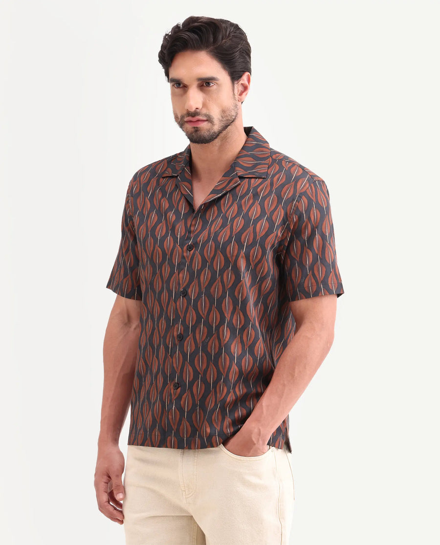 Rare Rabbit Men's Zuly Black Cotton Fabric Half Sleeve Spread Collar Regular Fit Tropical Print Shirt