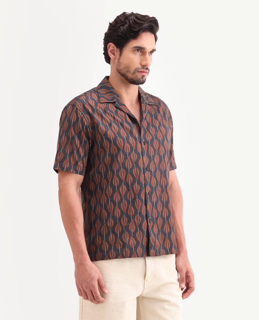 Rare Rabbit Men's Zuly Black Cotton Fabric Half Sleeve Spread Collar Regular Fit Tropical Print Shirt