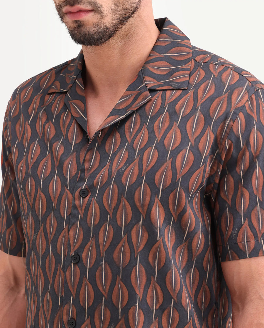 Rare Rabbit Men's Zuly Black Cotton Fabric Half Sleeve Spread Collar Regular Fit Tropical Print Shirt