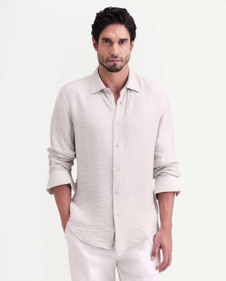 Rare Rabbit Men's Veon-Ls Off White Viscose Blend Fabric Full Sleeve Spread Collar Regular Fit Plain Shirt