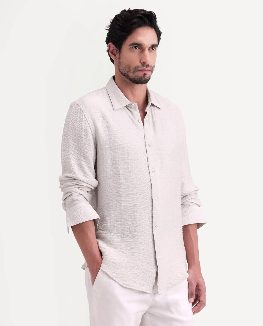 Rare Rabbit Men's Veon-Ls Off White Viscose Blend Fabric Full Sleeve Spread Collar Regular Fit Plain Shirt