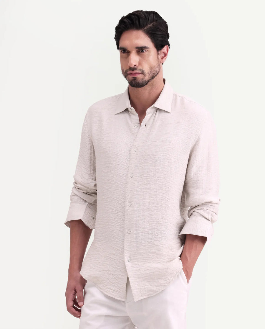 Rare Rabbit Men's Veon-Ls Off White Viscose Blend Fabric Full Sleeve Spread Collar Regular Fit Plain Shirt