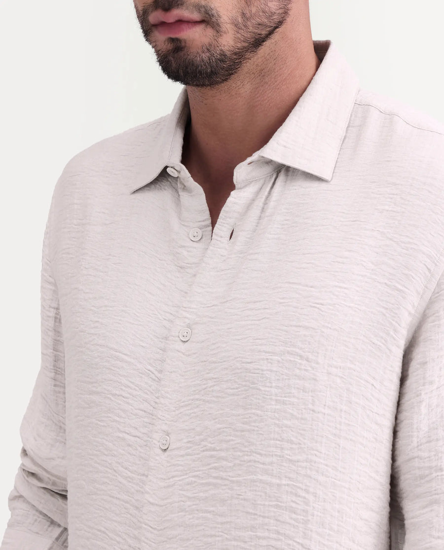Rare Rabbit Men's Veon-Ls Off White Viscose Blend Fabric Full Sleeve Spread Collar Regular Fit Plain Shirt