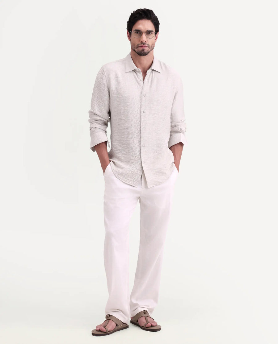 Rare Rabbit Men's Veon-Ls Off White Viscose Blend Fabric Full Sleeve Spread Collar Regular Fit Plain Shirt
