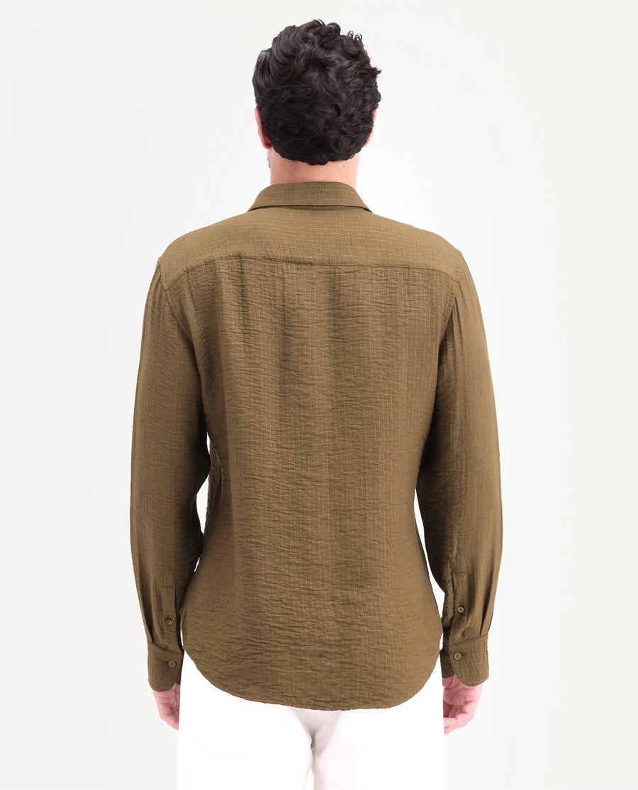 Rare Rabbit Men's Veon-Ls Olive Viscose Blend Fabric Full Sleeve Spread Collar Regular Fit Plain Shirt