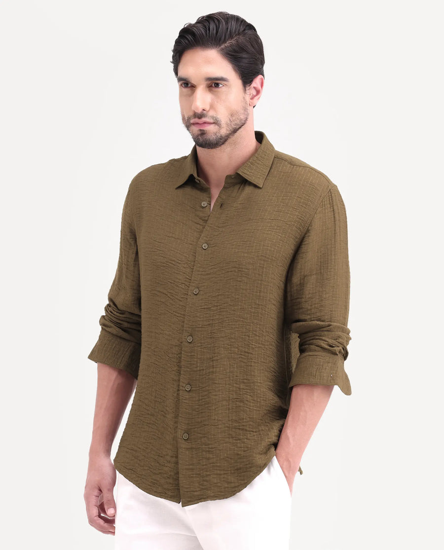 Rare Rabbit Men's Veon-Ls Olive Viscose Blend Fabric Full Sleeve Spread Collar Regular Fit Plain Shirt