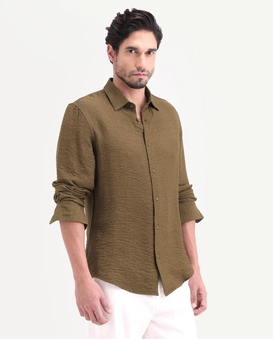 Rare Rabbit Men's Veon-Ls Olive Viscose Blend Fabric Full Sleeve Spread Collar Regular Fit Plain Shirt