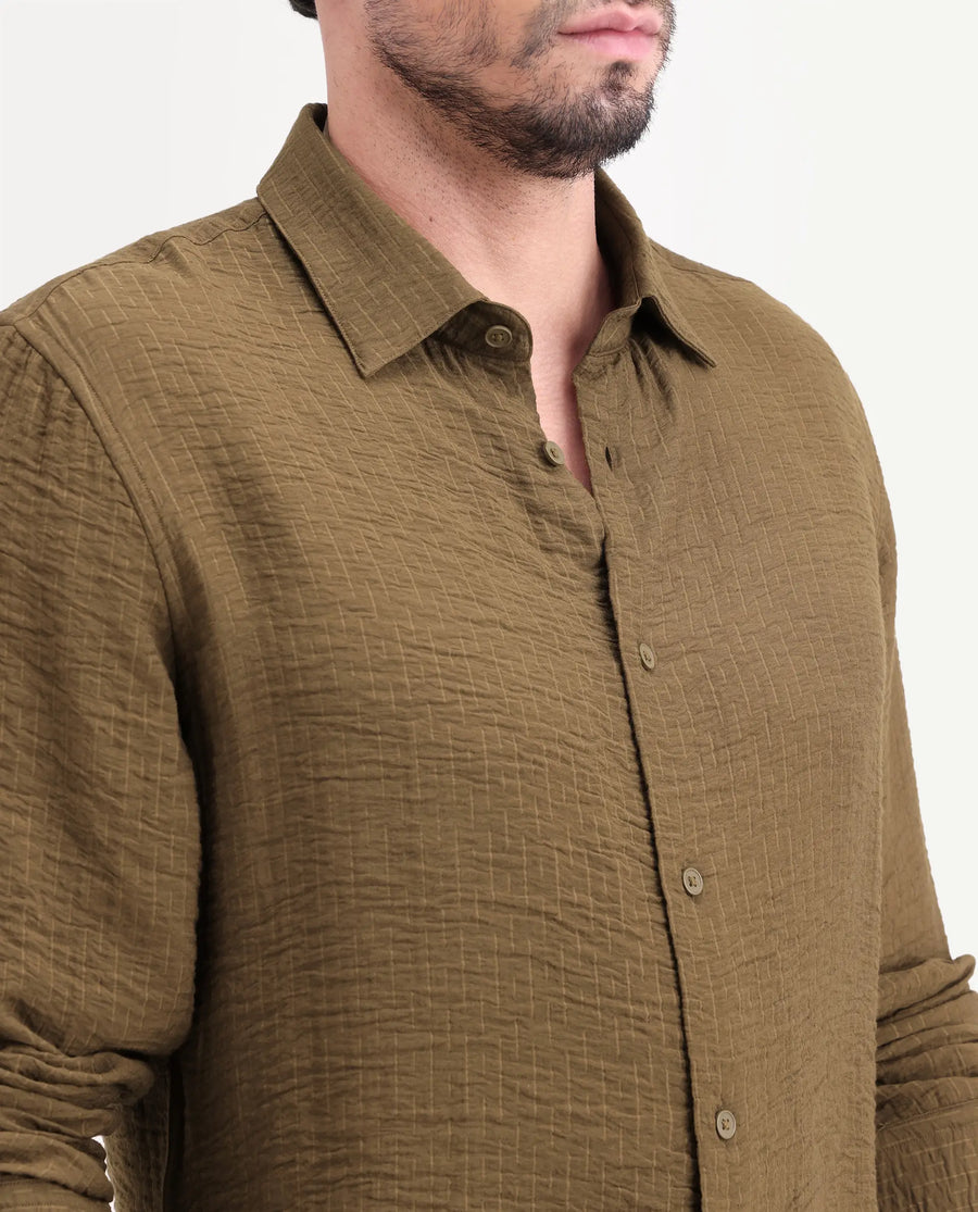 Rare Rabbit Men's Veon-Ls Olive Viscose Blend Fabric Full Sleeve Spread Collar Regular Fit Plain Shirt