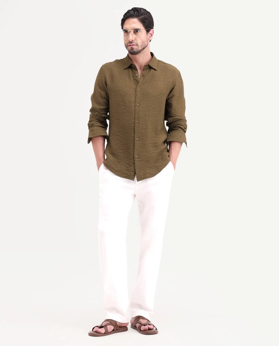 Rare Rabbit Men's Veon-Ls Olive Viscose Blend Fabric Full Sleeve Spread Collar Regular Fit Plain Shirt