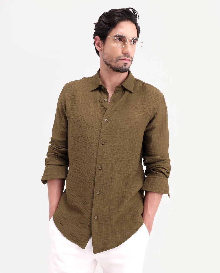 Rare Rabbit Men's Veon-Ls Olive Viscose Blend Fabric Full Sleeve Spread Collar Regular Fit Plain Shirt