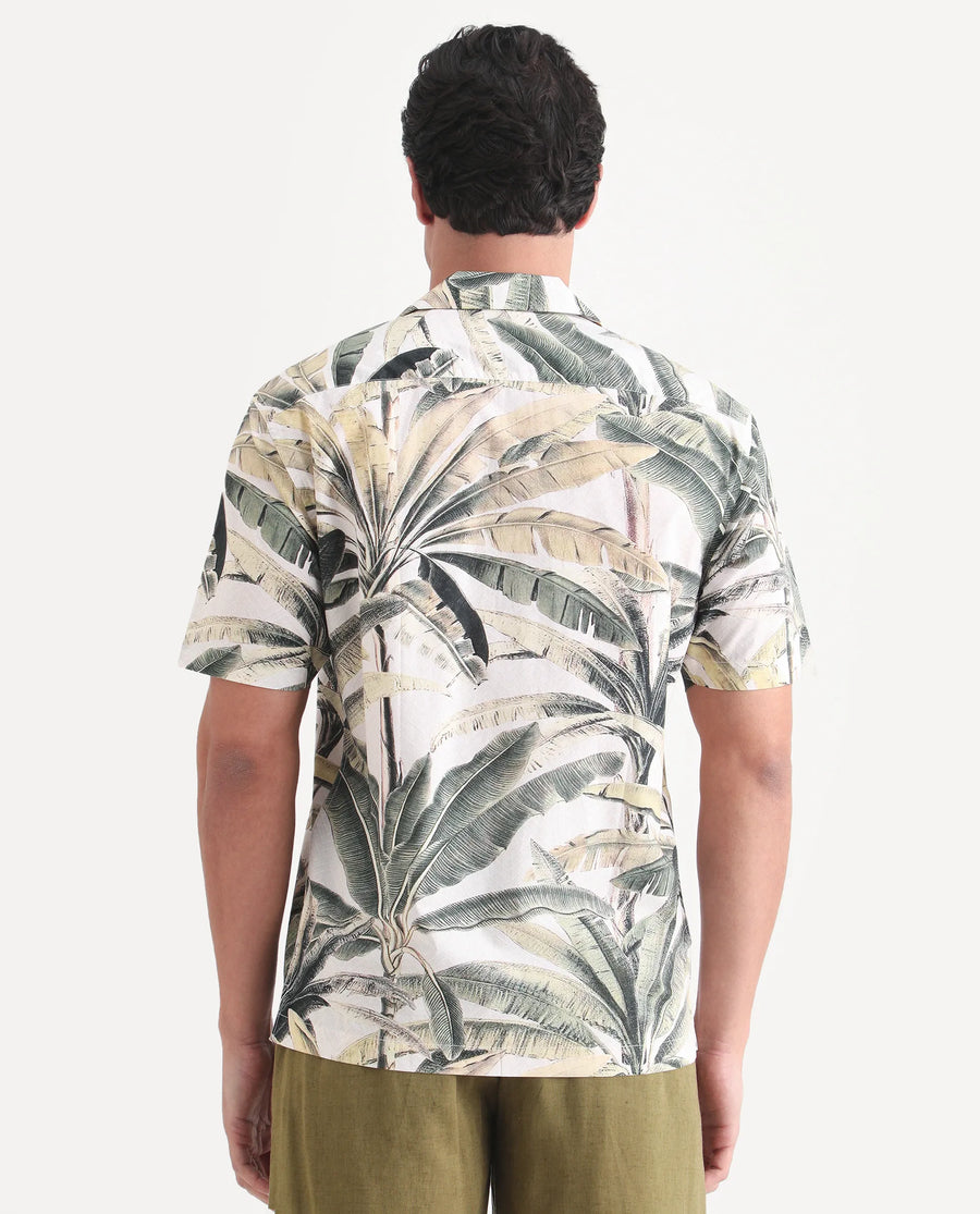 Rare Rabbit Men's Beau Beige Cotton Fabric Half Sleeve Cuban Collar Regular Fit Tropical Print Shirt