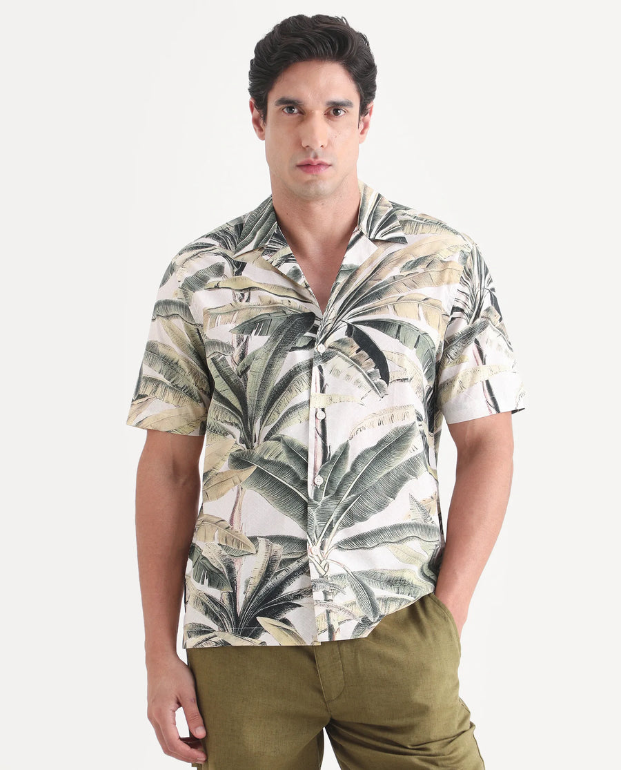 Rare Rabbit Men's Beau Beige Cotton Fabric Half Sleeve Cuban Collar Regular Fit Tropical Print Shirt