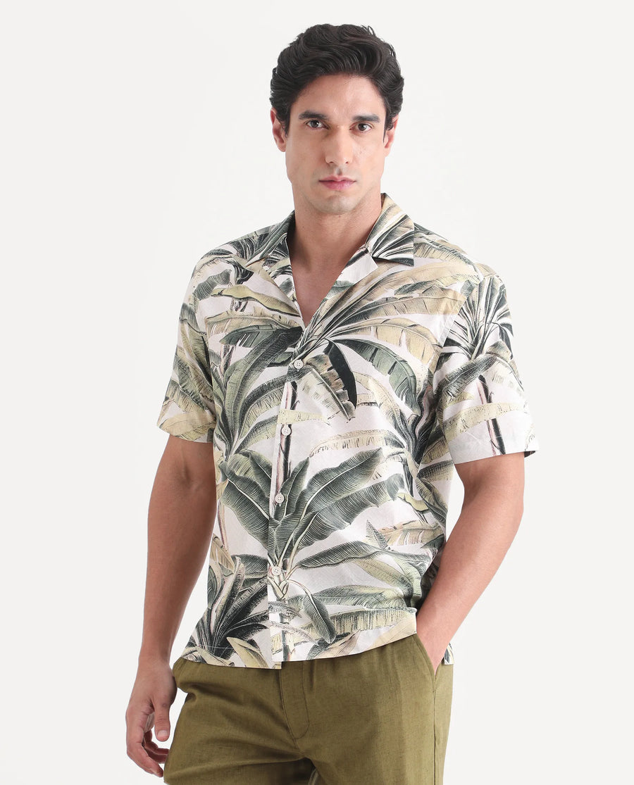 Rare Rabbit Men's Beau Beige Cotton Fabric Half Sleeve Cuban Collar Regular Fit Tropical Print Shirt