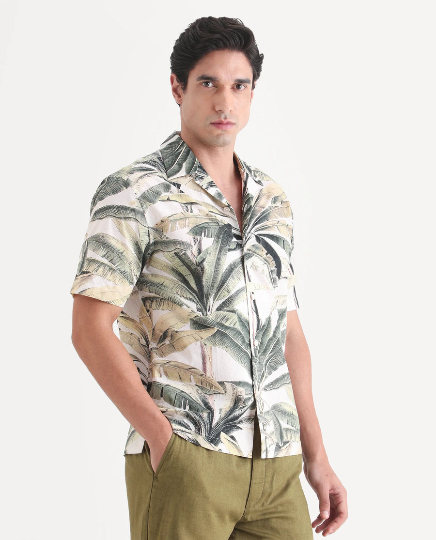 Rare Rabbit Men's Beau Beige Cotton Fabric Half Sleeve Cuban Collar Regular Fit Tropical Print Shirt