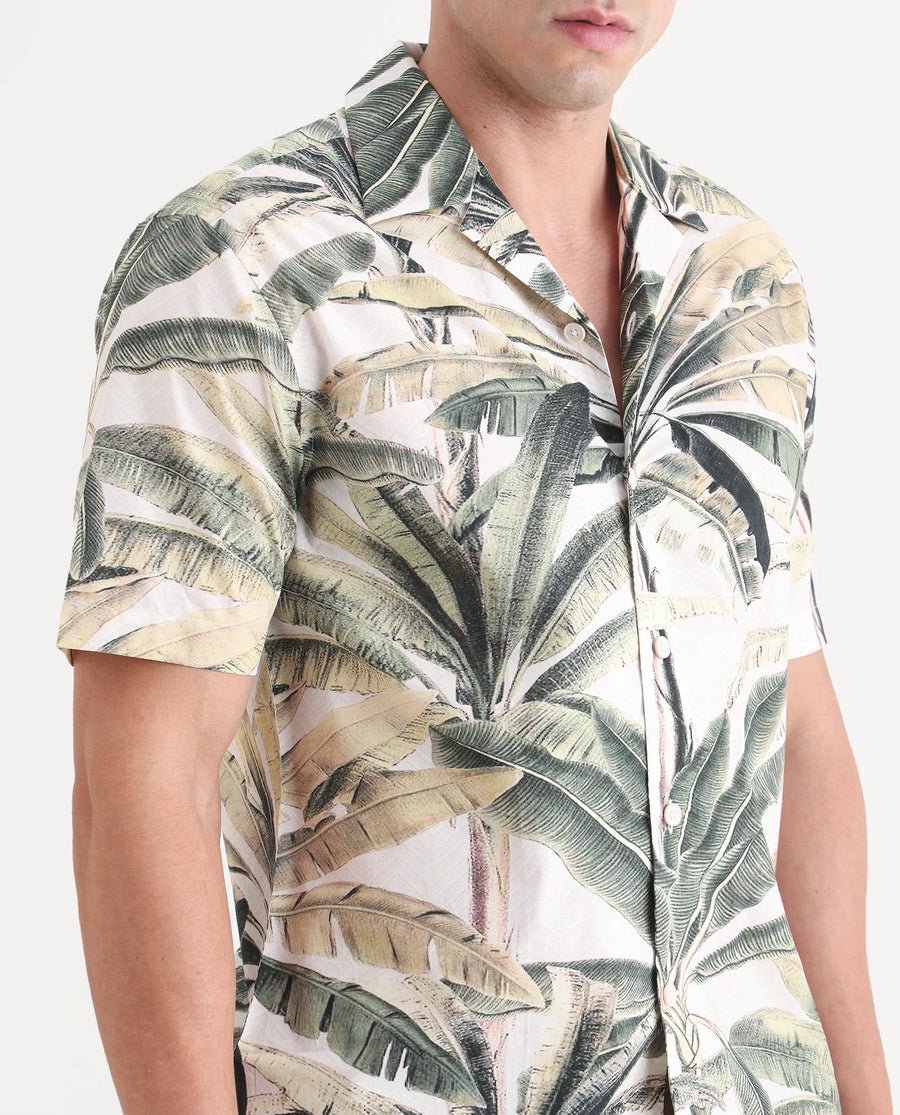 Rare Rabbit Men's Beau Beige Cotton Fabric Half Sleeve Cuban Collar Regular Fit Tropical Print Shirt