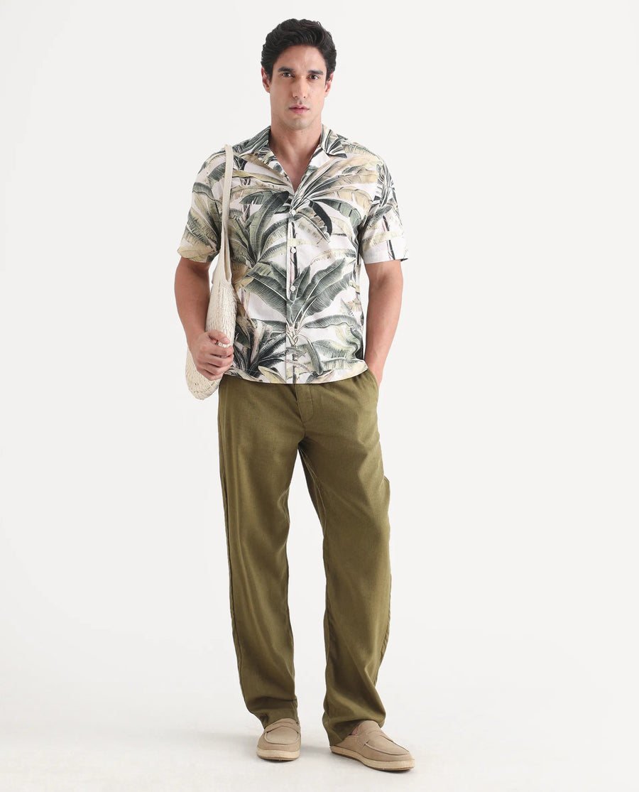 Rare Rabbit Men's Beau Beige Cotton Fabric Half Sleeve Cuban Collar Regular Fit Tropical Print Shirt