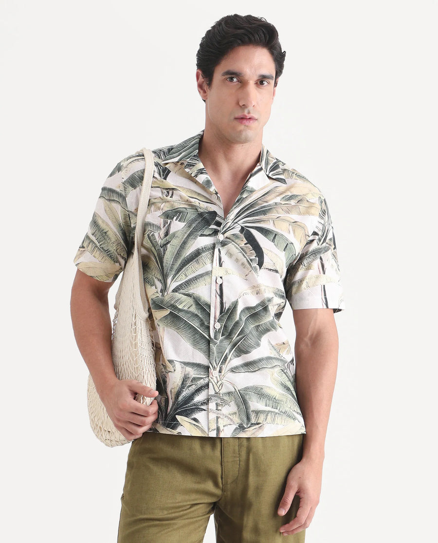 Rare Rabbit Men's Beau Beige Cotton Fabric Half Sleeve Cuban Collar Regular Fit Tropical Print Shirt