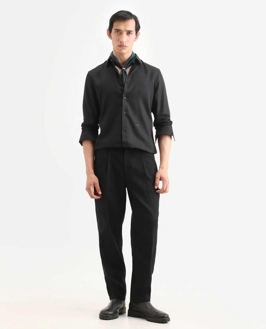 Rare Rabbit Men's Dream Black Tencel Fabric Full Sleeve Spread Collar Regular Fit Plain Shirt