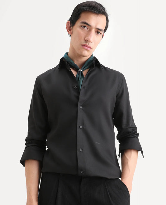 Rare Rabbit Men's Dream Black Tencel Fabric Full Sleeve Spread Collar Regular Fit Plain Shirt