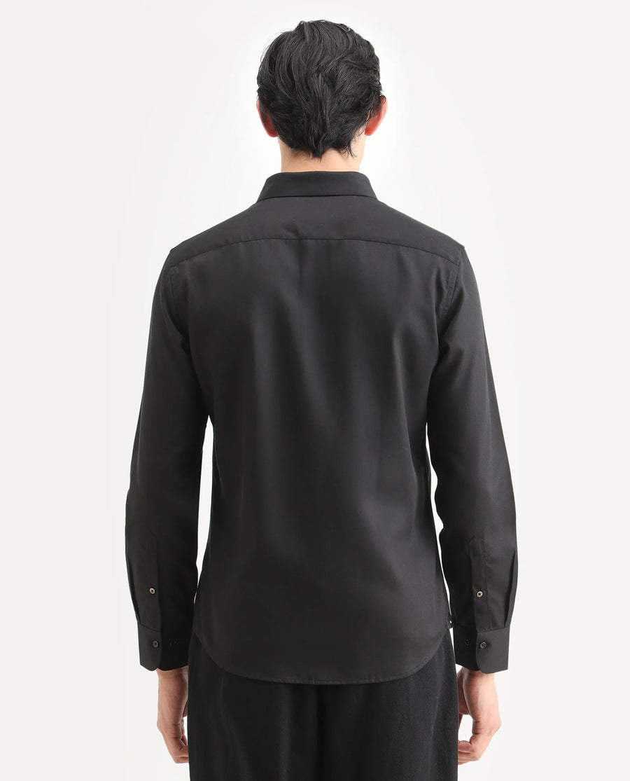 Rare Rabbit Men's Dream Black Tencel Fabric Full Sleeve Spread Collar Regular Fit Plain Shirt