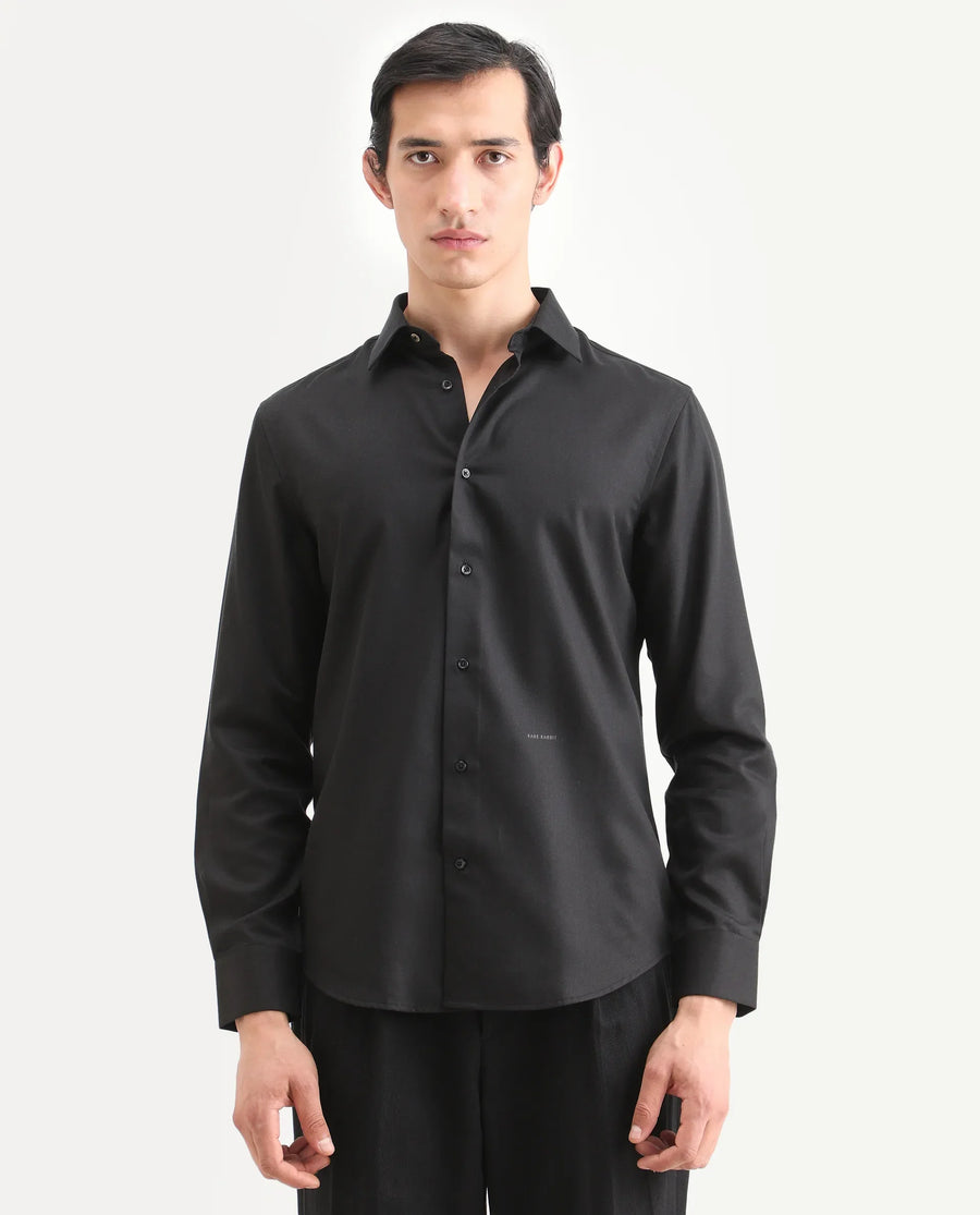 Rare Rabbit Men's Dream Black Tencel Fabric Full Sleeve Spread Collar Regular Fit Plain Shirt