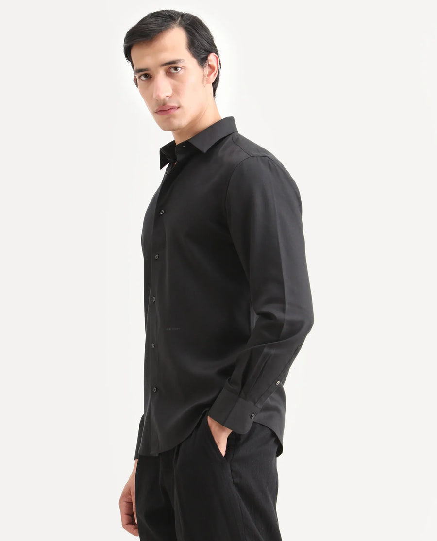 Rare Rabbit Men's Dream Black Tencel Fabric Full Sleeve Spread Collar Regular Fit Plain Shirt