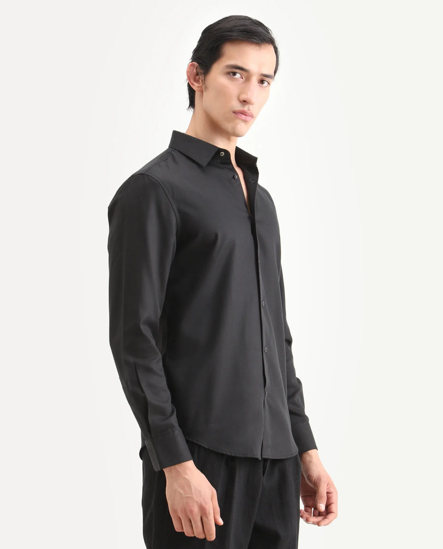 Rare Rabbit Men's Dream Black Tencel Fabric Full Sleeve Spread Collar Regular Fit Plain Shirt