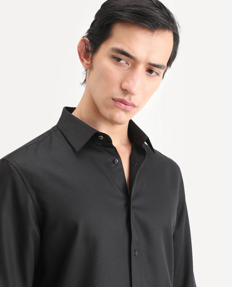 Rare Rabbit Men's Dream Black Tencel Fabric Full Sleeve Spread Collar Regular Fit Plain Shirt